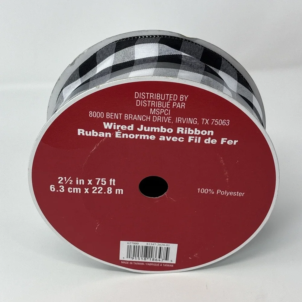 Celebrate It Black White‎ Buffalo Plaid Wired Jumbo Ribbon 2.5in x 75ft 627000